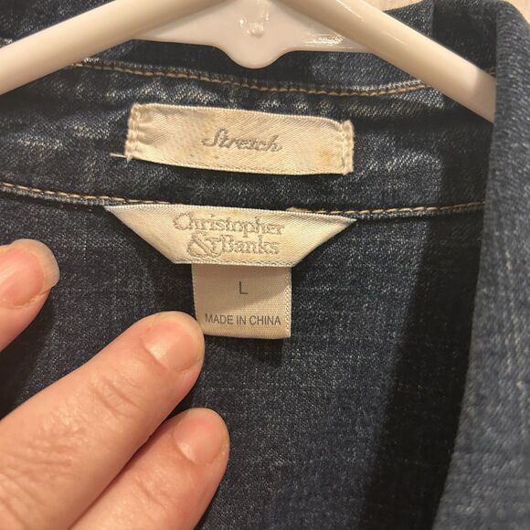 Christopher & Banks Women's Stretch Denim Blue Jean Jacket Snap Buttons‎ Large - Picture 5 of 8